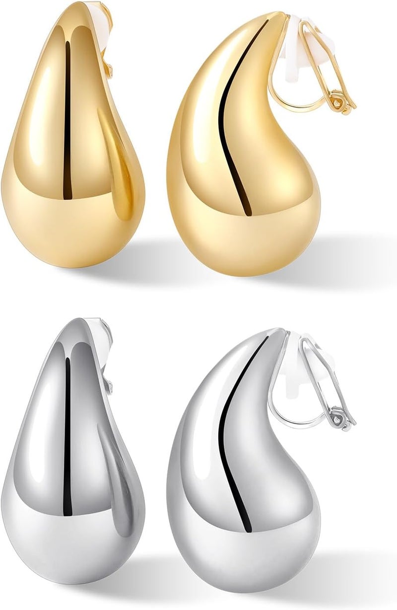 NVWAROCK Store Gold Drop Clip On Earrings Dupes Teardrop Chunky Non Pierced Earring 14K Real Gold Plated Hypoallergenic Lightweight Earrings for Women（Gold and Silver） - Image 1
